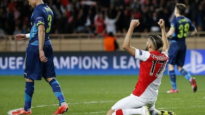 Yannick Ferreira Carrasco of Monaco celebrates at the end of his side’s 2-0 loss to Arsenal in the Champions League last-16, second-leg match on Tuesday, his side advancing on away goals in the 3-3 aggregate draw. Yoan Valat / EPA