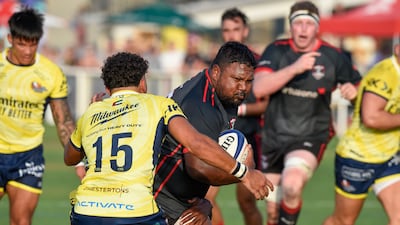 Action from the the UAE Premiership final between Dubai Exiles (black) v Dubai Hurricanes (yellow) held at The Sevens in Dubai