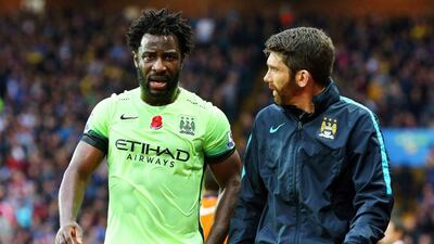 Manchester City’s Wilfried Bony leaves the pitch after sustaining a hamstring an injury on Sunday in his team’s draw against Aston Villa. Tim Keeton / EPA / November 8, 2015