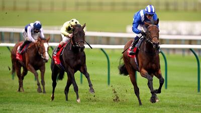 Nazeef, ridden by jockey Jim Crowley, on the way to winning the Kingdom Of Bahrain Sun Chariot Stakes at Newmarket Racecourse on Saturday. Getty