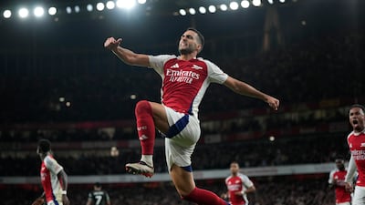 Arsenal's Mikel Merino celebrates after scoring. AP