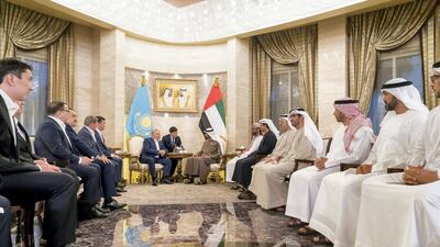 Sheikh Mohamed bin Zayed, Crown Prince of Abu Dhabi and Deputy Supreme Commander of the UAE Armed Forces (8th R), meets with Nursultan Nazarbayev, President of Kazakhstan (9th R), at Al Shati Palace. Seen with Mohamed Mubarak Al Mazrouei, Undersecretary of the Crown Prince Court of Abu Dhabi (2nd R), Dr Sultan Ahmed Al Jaber, UAE Minister of State, Chairman of Masdar and CEO of ADNOC Group (4th R), Dr Anwar bin Mohamed Gargash, UAE Minister of State for Foreign Affairs (5th R), Sheikh Mansour bin Zayed, UAE Deputy Prime Minister and Minister of Presidential Affairs (6ht R) and Sheikh Tahnoon bin Zayed, UAE National Security Advisor (7th R). Rashed Al Mansoori / Ministry of Presidential Affairs