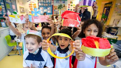 Repton School Abu Dhabi pupils prepare for the king's coronation. Victor Besa / The National