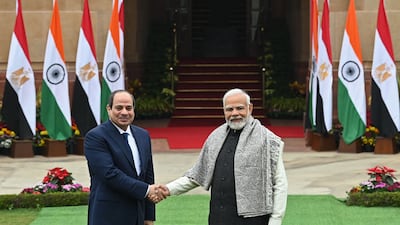 Mr El Sisi and Mr Modi before a meeting at Hyderabad House. AFP