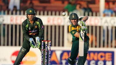 South Afica's AB de Villiers plays a shot during their match against Pakistan at the Sharjah Cricket Stadium on Monday. Pawan Singh / The National