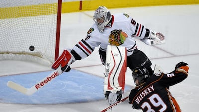 Matt Beleskey of the Anaheim Ducks scores the winning goal against the Chicago Blackhawks in Game 5 of the Western Conference final on Monday night. Mark J Terrill / AP / May 25, 2015