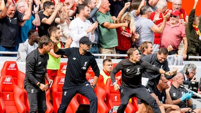 Liverpool manager Jurgen Klopp reacts to Mohamed Salah's goal against Newcastle. EPA