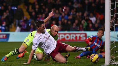 Ciaran Clark of Aston Villa clears the ball off the line as goalkeeper Brad Guzan looks on during their win over Crystal Palace on Tuesday. Ian Walton / Getty Images