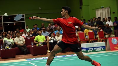 Imam Adil in action on Friday at the Indian Club UAE Badminton Open final. Satish Kumar / The National / June 3, 2016
