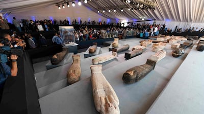 Wooden sarcophagi on display during the unveiling of an ancient treasure trove of more than a 100 intact sarcophagi. AFP