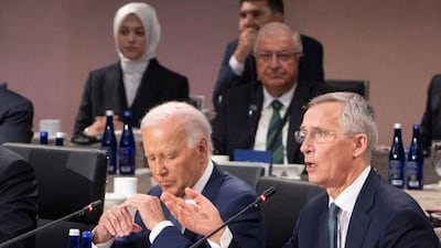 Mr Stoltenberg speaks during the summit. AFP