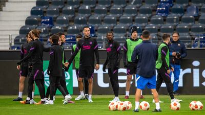 Barcelona players during the team's training session in Frankfurt. EPA