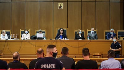 Presiding judge Maria Lepenioti attends the trial. Reuters