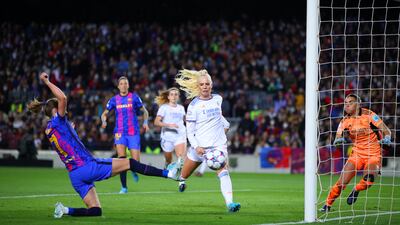 Caroline Graham Hansen of Barcelona scores their team's fifth goal. Getty