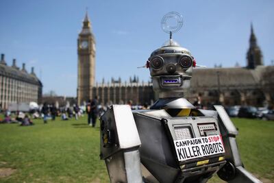 A ‘robot’ activist for the Campaign to Stop Killer Robots in London's Parliament Square. Getty Images