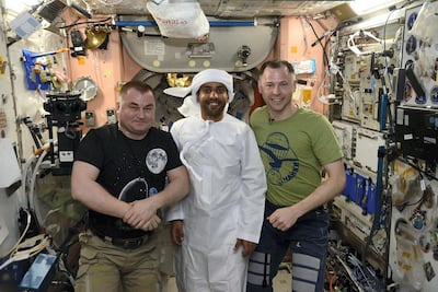 Hazza Al Mansouri on board the ISS in a traditional Emirati kandoura. Courtesy: MBRSC