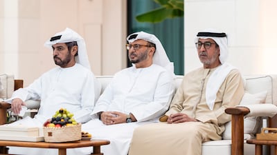 Sheikh Hamdan bin Mubarak, Chairman of the UAE Football Association, Sheikh Rashid bin Hamdan, and Dr Anwar Gargash, diplomatic adviser to the UAE President, attend the talks at Al Shati Palace. Photo: UAE Presidential Court