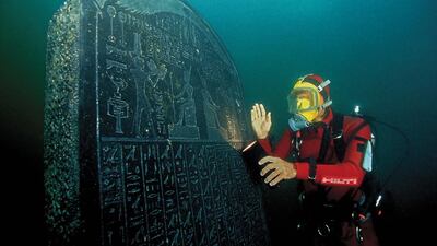 A stele from the lost, sunken Egyptian city of Thonis-Heracleion. The piece was believed to have been commissioned by Nectanebos I (378-362 BC). Christoph Gerigk / Franck Goddio / Hilti Foundation
