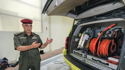 Lieutenant Colonel Omar Salem Al Shehhi of the Abu Dhabi Civil Defence gives The National a tour of the facility