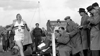 Roger Bannister becomes the first person to break the four-minute mile in Oxford, England. A statement released March 4, 2018, on behalf of Bannister's family said he had died peacefully in Oxford on March 3, aged 88. AP