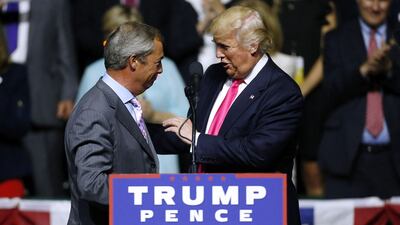 Republican Presidential nominee Donald Trump greets Mr Farage at a 2016 campaign rally in Jackson, Mississippi