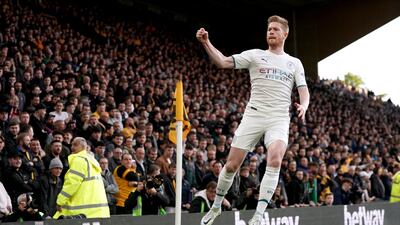Manchester City's Kevin De Bruyne celebrates scoring the first. PA