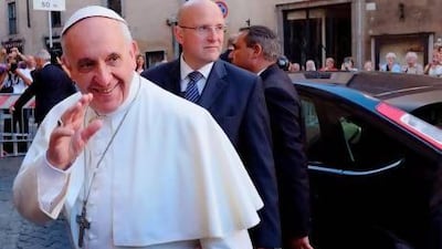 Pope Francis arrives at the Chiesa Del Gesu in Rome.