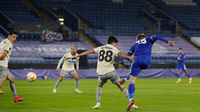 Leicester City's Harvey Barnes scores their second goal. Reuters