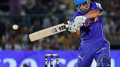 The Rajasthan Royals batsman Ross Taylor plays into the offside during his cameo which helped his team beat Delhi Daredevils.