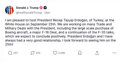 US President Donald Trump posted this message on Truth Social on September 19, 2025.