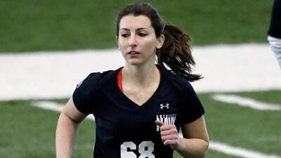Lauren Silberman warms up before her kicker tryouts at the NFL regional combine in New Jersey.