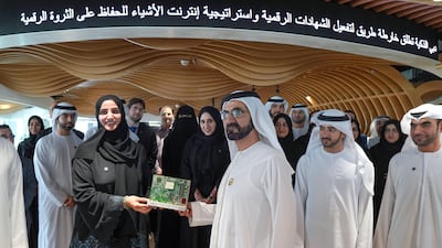 Sheikh Mohammed bin Rashid, Vice President and Ruler of Dubai, launches the flagship Internet of Things Strategy and Data Wealth initiative in Dubai on Sunday. Pictured with Sheikh Hamdan bin Mohammed, Crown Prince of Dubai. Wam