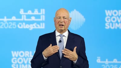 Klaus Schwab, chairman of the board of trustees of World Economic Forum speaks at the World Governments Summit. Chris Whiteoak / The National