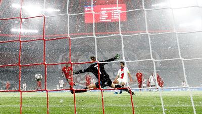 Marquinhos of Paris St Germain scores his side's second goal against Bayern Munich in the Champions League. Reuters