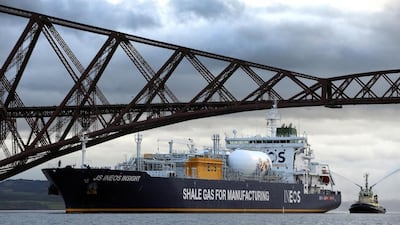The JS Ineos Insight carries the first shipment of shale gas from the United States to Grangemouth in Scotland – where it is welcomed by a bagpipe player on its bow. US exports of liquefied natural gas are now turning up around the world, including traditional energy producers such as Dubai, Kuwait, Jordan and Egypt. Andy Buchanan / AFP