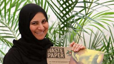 Habiba Al Marashi, the chairman of Emirates Environmental Group, displays some of the educational materials that caught the attention of judges for the Rolex Award for Enterprise.