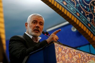 Hamas leader Ismail Haniyeh speaks at the funeral of Qassem Suleimani. Reuters