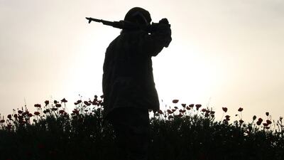 An opposition fighter walks in a field of poppies in a rebel-held area in the southern Syrian city of Deraa. AFP