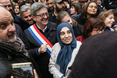 Jean-Luc Melenchon takes part in a march near the Gare du Nord, in Paris.