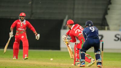 Ayaan Khan bats for Oman against Scotland. Photo: ICC