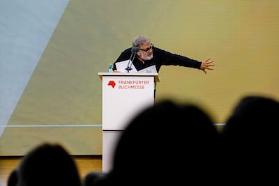Slovenian philosopher Slavoj Zizek speaks during the opening ceremony of the Frankfurt International Book Fair in 2023. Photo: Marc Jacquemin / Frankfurter Buchmesse