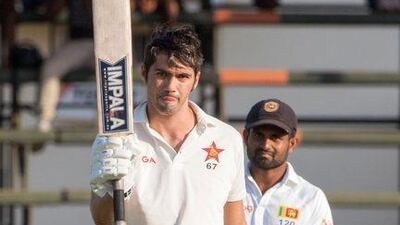 Zimbabwe captain Graeme Cremer celebrates scoring a century against Sri Lanka on Monday. Jekesai Njikizana / AFP / October 31, 2016