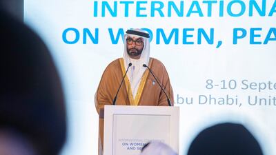 Mohammed Al Bowardi, Minister of State for Defence, speaking at the International Conference on Women, Peace and Security in Abu Dhabi.