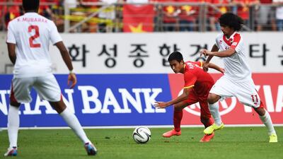 UAE beat Vietnam at Hwaesong Stadium and will play North Korea at the same venue but are without the services of Waled Hussain, right. Ed Jones / AFP