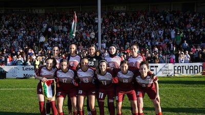 The Palestinian women's national team before their friendly against Bohemians Women at Dalymount Park in Dublin on Wednesday. PA