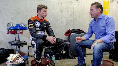Max Verstappen, left, shown with his father, former F1 driver Jos Verstappen, before a Formula Three race in July. Sander Koning / AFP / ANP / July 6, 2014