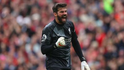Liverpool's Alisson Becker celebrates after the second goal. Getty