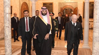 Tunisian President Beji Caid Essebsi receives Saudi Arabia's Crown Prince Mohammed bin Salman upon his arrival at the presidential palace in Carthage on the eastern outskirts of the capital Tunis. AFP