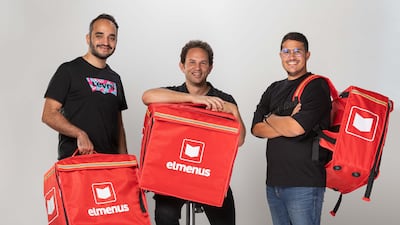 Amir Allam (center), chief executive of Egyptian-start-up elmenus. Egyptian food-delivery app elmenus grew rapidly during the Covid-19 pandemic as movement restrictions prompted more people to dine at home. Courtesy elmenus.