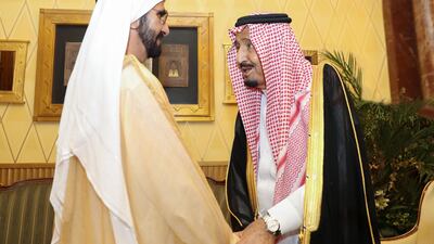King Salman of Saudi Arabia receives Sheikh Mohammed bin Rashid, Vice President and Ruler of Dubai, who is leading a delegation from the UAE public and private sectors at the Future Investment Initiative taking place in Riyadh. Wam
